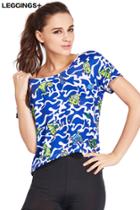 Romwe Leggings+ Alien Print Asymmetric Blue Short-sleeved T-shirt