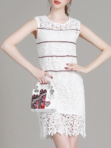 Romwe White Crochet Hollow Out Lace Up Dress