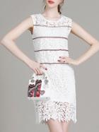 Romwe White Crochet Hollow Out Lace Up Dress