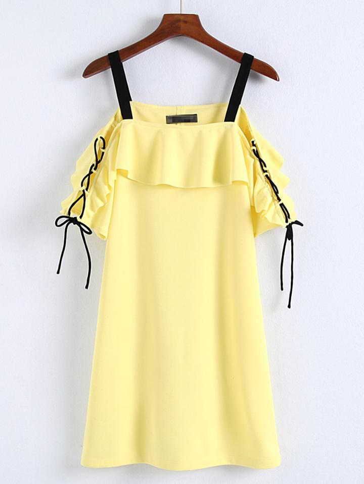 Romwe Contrast Strap Lace Up Sleeve Ruffle Dress
