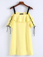 Romwe Contrast Strap Lace Up Sleeve Ruffle Dress