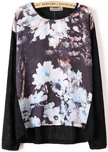 Romwe Floral Print Black Knit Sweater