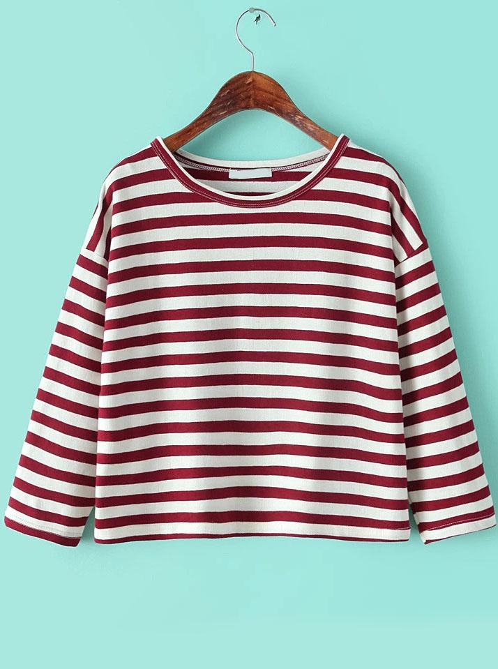 Romwe Striped Loose Red T-shirt