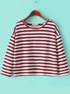 Romwe Striped Loose Red T-shirt