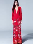 Romwe Red V Neck Long Sleeve Thigh Split Print Dress