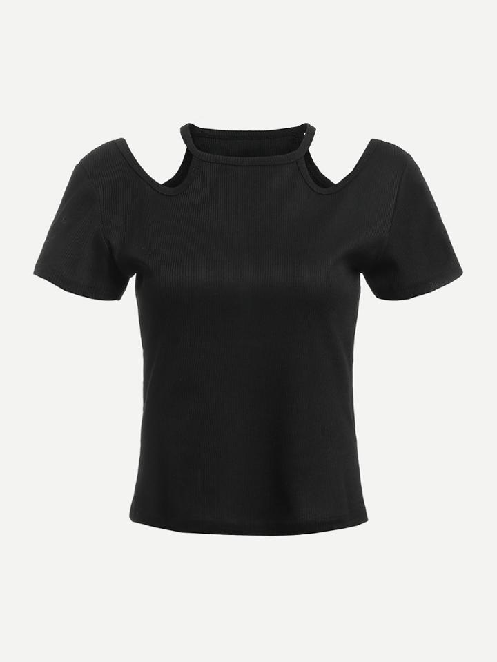 Romwe Cut Out Shoulder Ribbed Tee