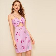 Romwe Butterfly Print Knot Front Cami Dress