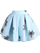 Romwe Rose Print Flare Mini Blue Skirt