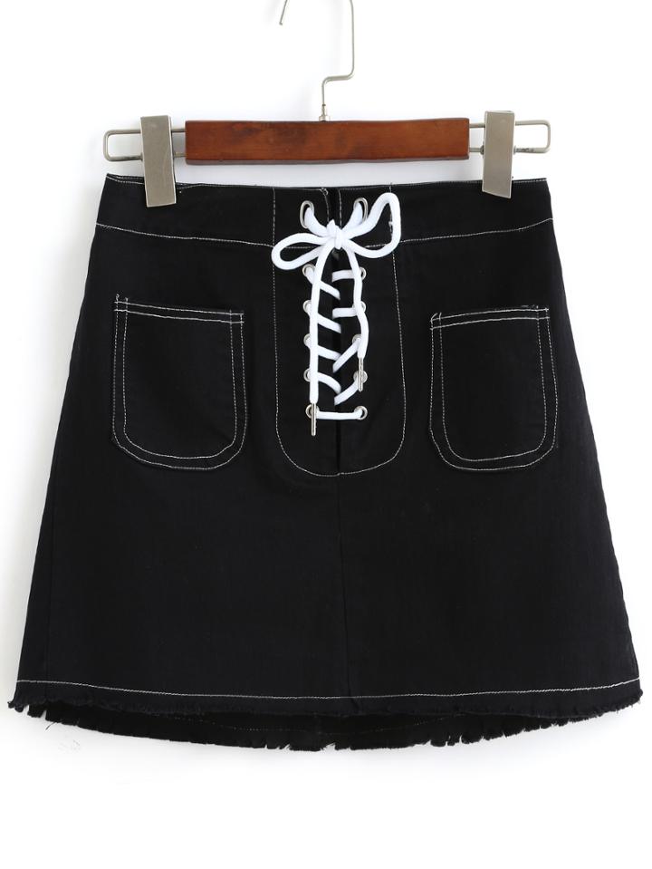 Romwe Bandage Pockets Fringe Black Skirt