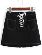 Romwe Bandage Pockets Fringe Black Skirt