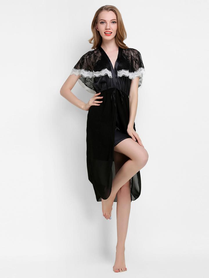 Romwe Eyelash Lace Cape Drawstring Layered Nightdress