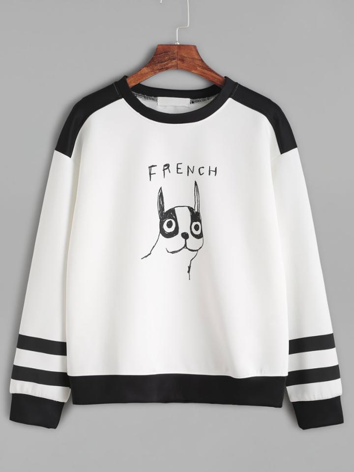 Romwe Contrast Trim Varsity Striped And Dog Print Sweatshirt