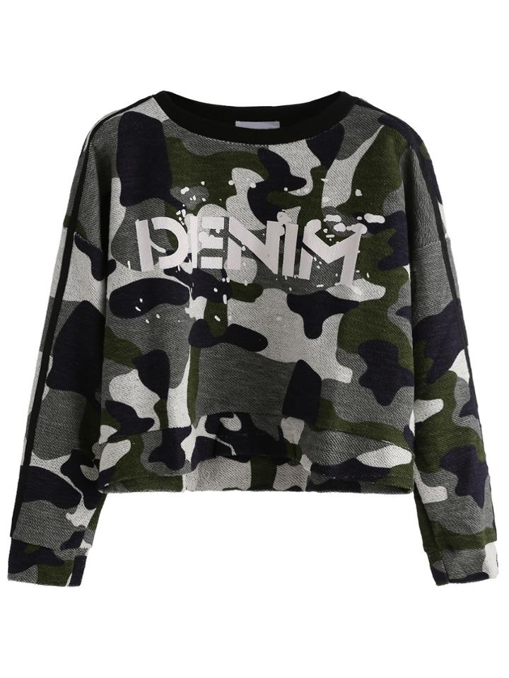 Romwe Camo Letter Print Dropped Shoulder Seam Crop Sweatshirt