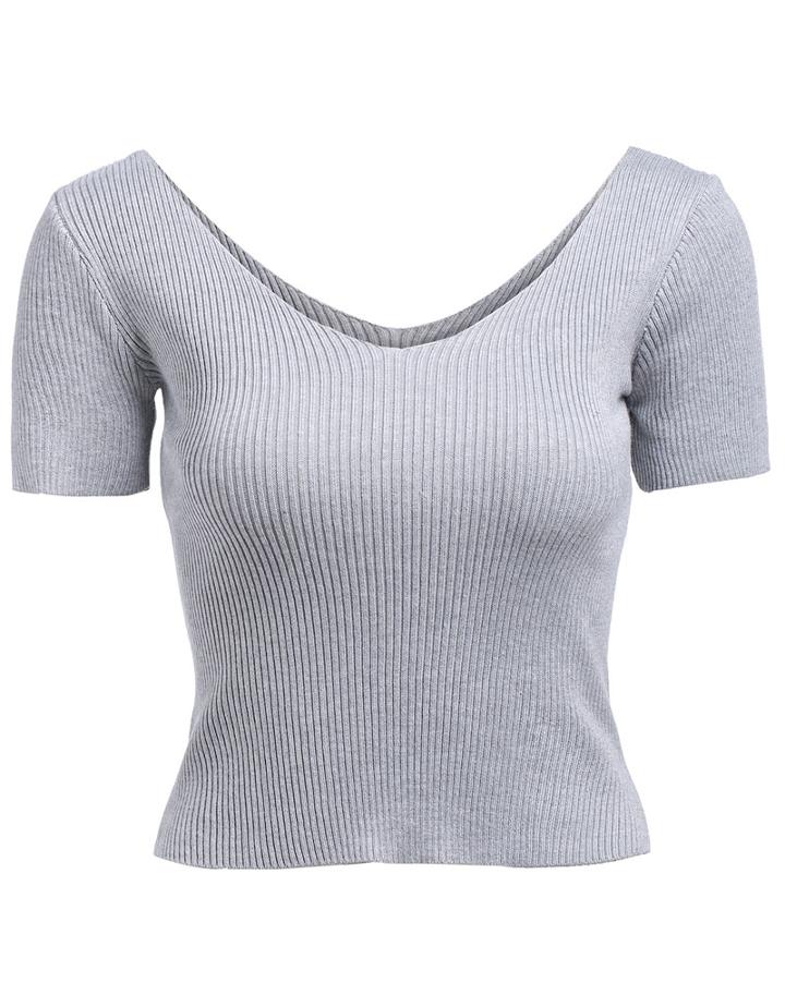 Romwe V Neck Knit Slim Grey Top