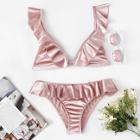 Romwe Ruffle Plunge Velvet Bikini Set