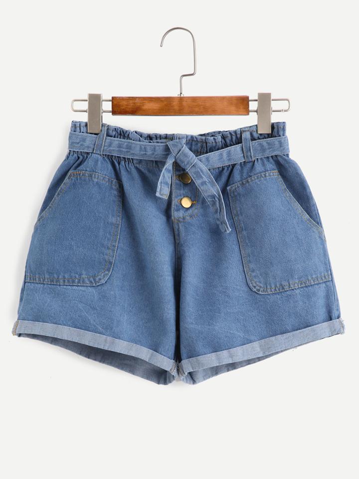 Romwe Blue Self Tie Rolled Hem Denim Shorts