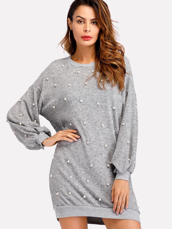 Romwe Pearl Beading Rib Trim Marled Knit Dress