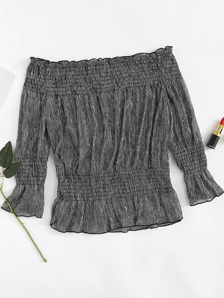 Romwe Off The Shoulder Shirred Bell Sleeve Blouse