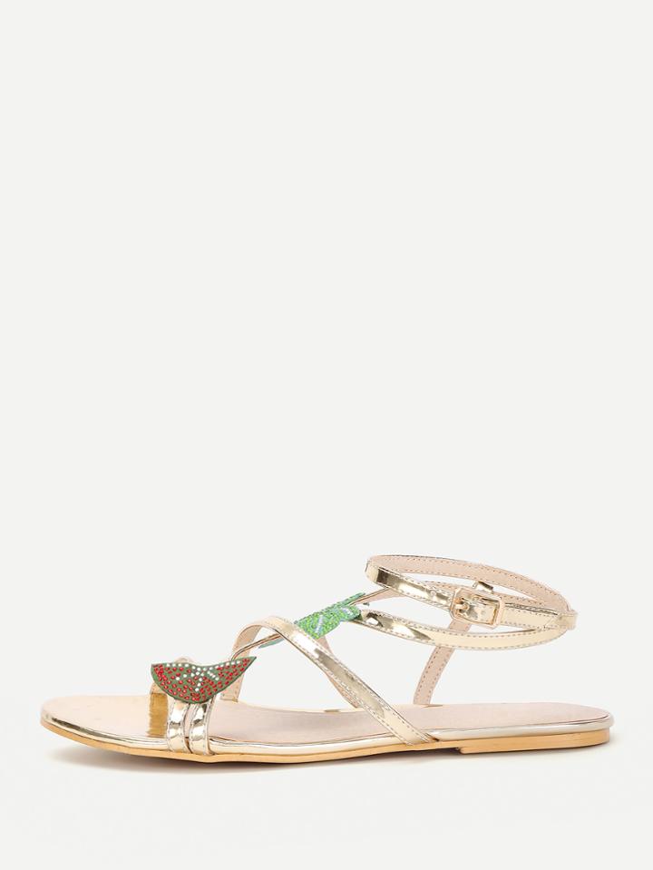 Romwe Leaf Embellished Strappy Flat Sandals