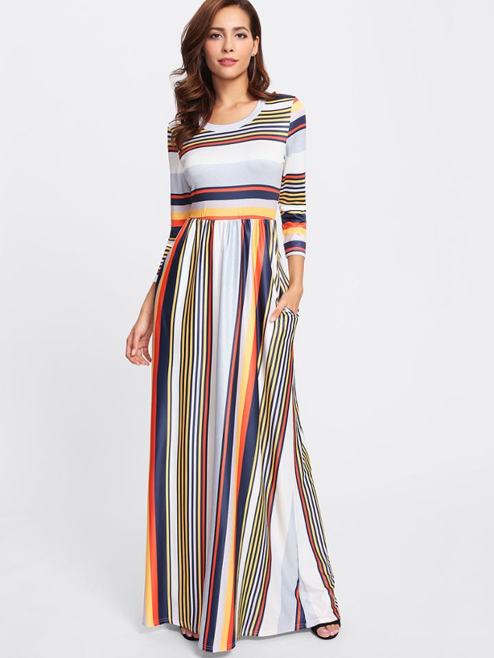 Romwe Multi Striped Full Length Dress