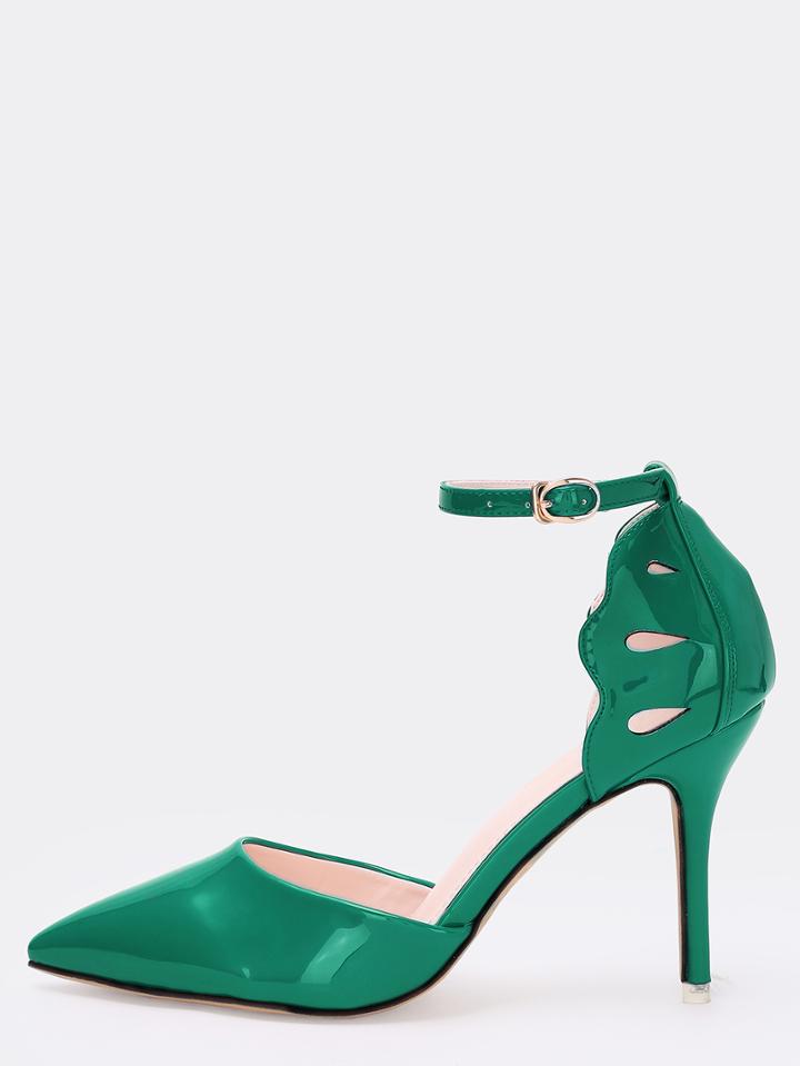 Romwe Green Patent Cutout Pointed Toe Ankle Strap Pumps