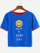 Romwe Dark Blue Smiley Face Print Contrast Trim T-shirt