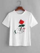 Romwe White Hand And Rose Print T-shirt