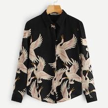 Romwe Red-crowned Crane Print Chiffon Blouse