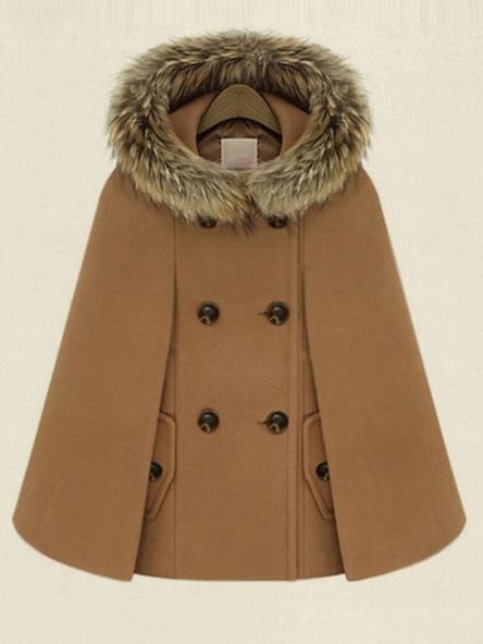 Romwe Camel Hooded Double Breasted Pockets Cape Coat