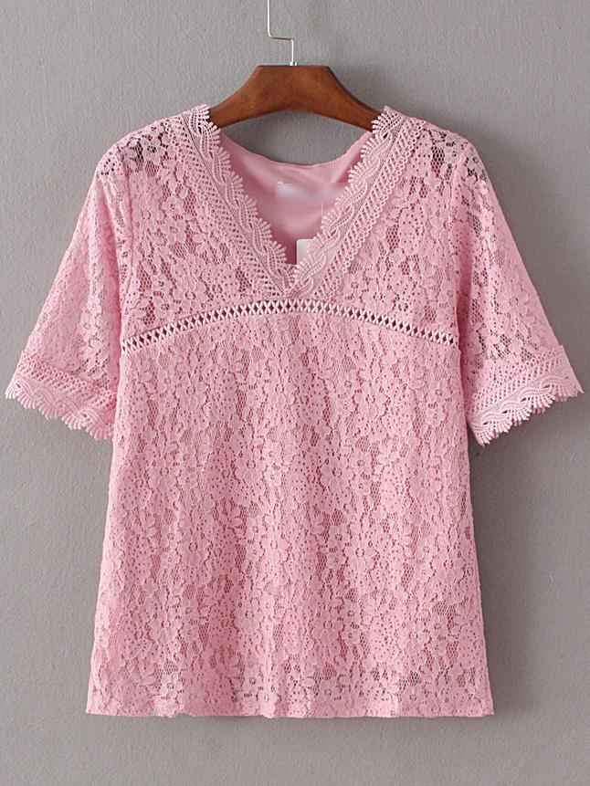 Romwe Pink V Neck Crochet Lace Blouse