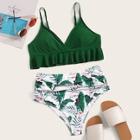 Romwe Ruffle Hem Surplice Top With Random Tropical Bikini Set