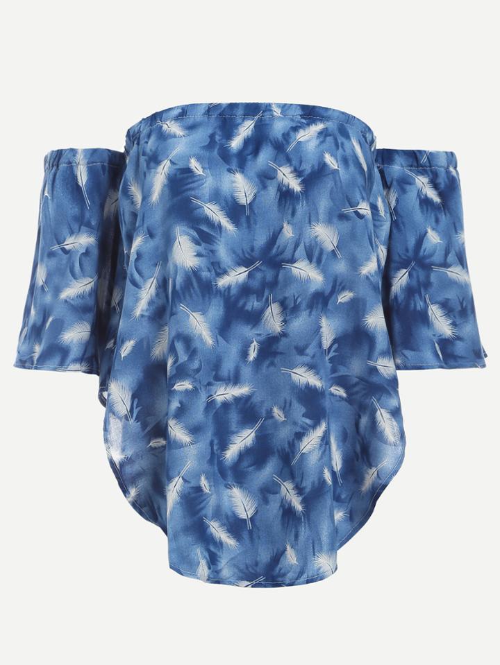 Romwe Blue Feather Print High Low Off The Shoulder Top