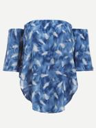 Romwe Blue Feather Print High Low Off The Shoulder Top