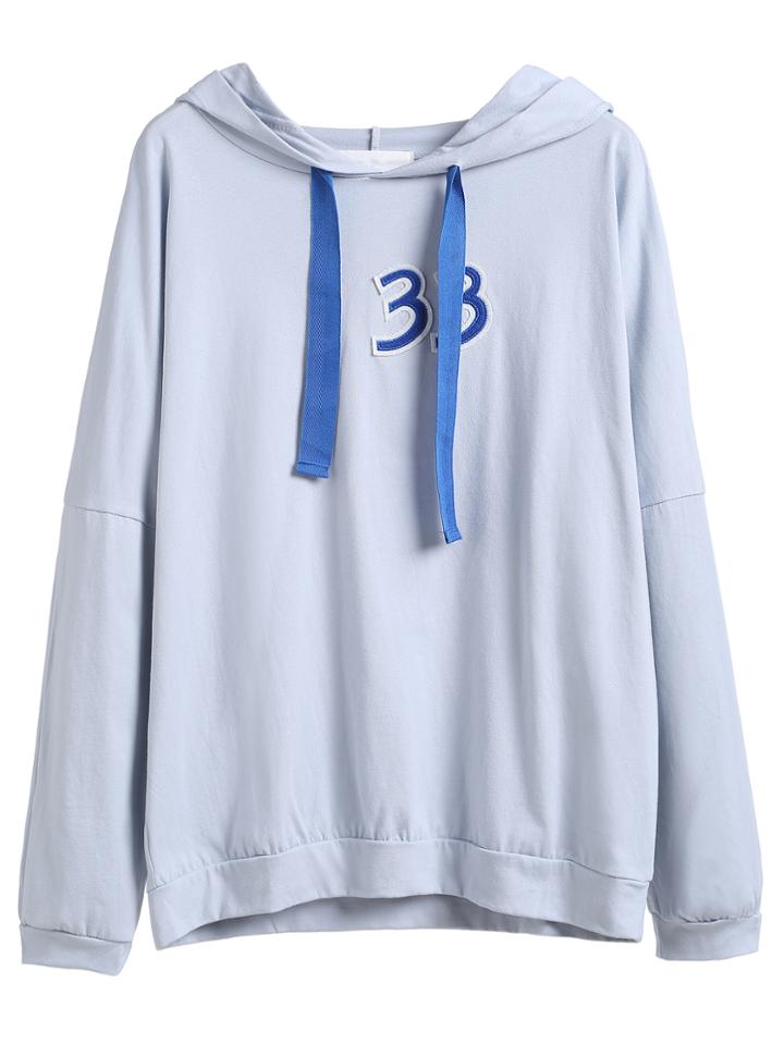 Romwe Blue Drop Shoulder Number Patch Drawstring Hooded Sweatshirt