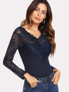 Romwe Contrast Lace Scalloped Trim Ribbed Tee