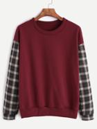Romwe Burgundy Contrast Plaid Sleeve Sweatshirt