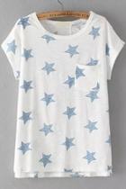 Romwe With Pocket Star Print Blue T-shirt