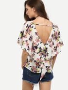 Romwe Floral Print V Back Top