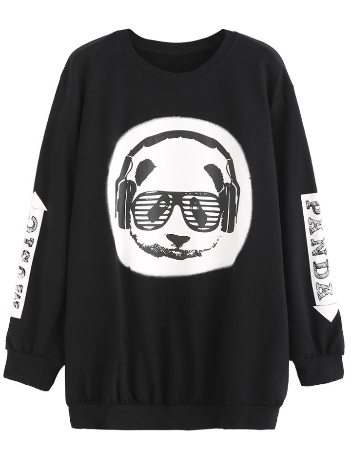 Romwe Black Cartoon Print Loose Sweatshirt