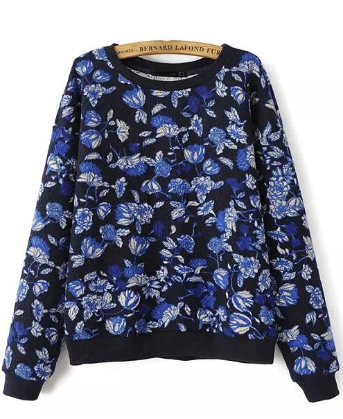 Romwe Blue Floral Chunky Sweatshirt