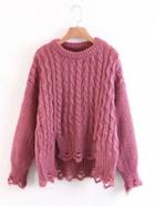 Romwe High Low Distressed Cable Knit Sweater