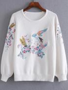 Romwe White Bird Embroidery Raglan Sleeve Sweater