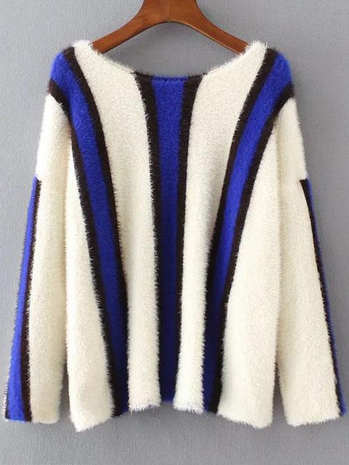 Romwe Striped Color Block Drop Shoulder Sweater