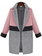 Romwe Pink Grey Lapel Pockets Woolen Coat