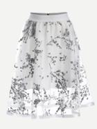 Romwe Blossom Print Mesh Overlay Midi Skirt - White