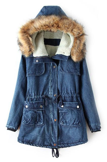 Romwe Blue Hoodied Denim Coat