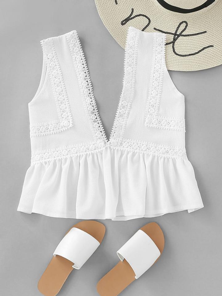 Romwe Plunging V-neckline Lace Trim Frill Hem Top