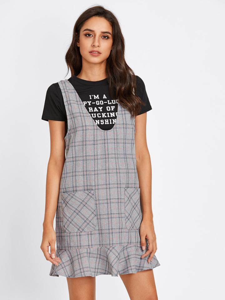 Romwe Checked Frill Hem Pinafore Dress