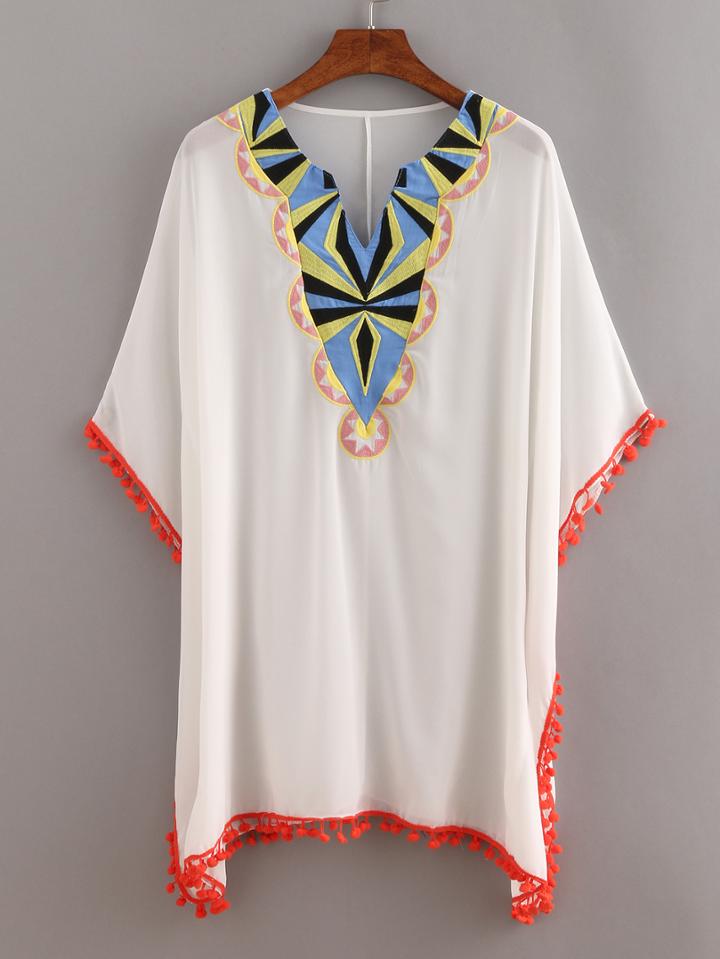 Romwe Pom Pom Trimmed Embroidered Poncho Dress - White