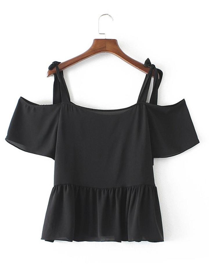 Romwe Cold Shoulder Ruffle Hem Top
